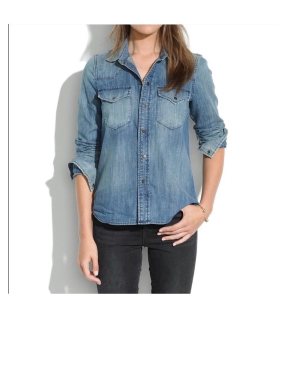 Madewell Women’s Western Chambray Denim Shirt Snap Button Up Size S